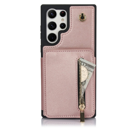 For Samsung Galaxy S24 Ultra 5G YM006 Skin Feel Zipper Card Bag Phone Case with Dual Lanyard(Rose Gold) - HoMEdemic™ 