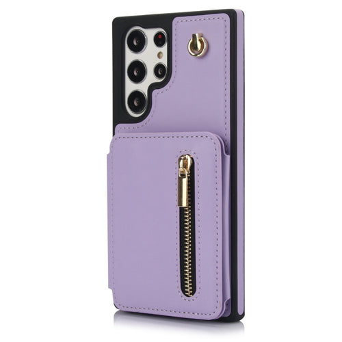 For Samsung Galaxy S24 Ultra 5G YM006 Skin Feel Zipper Card Bag Phone Case with Dual Lanyard(Light Purple) - HoMEdemic™ 