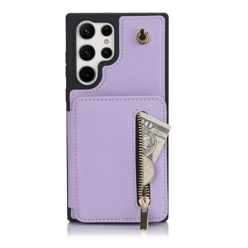 For Samsung Galaxy S24 Ultra 5G YM006 Skin Feel Zipper Card Bag Phone Case with Dual Lanyard(Light Purple) - HoMEdemic™ 