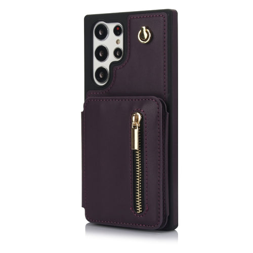 For Samsung Galaxy S24 Ultra 5G YM006 Skin Feel Zipper Card Bag Phone Case with Dual Lanyard(Dark Purple) - HoMEdemic™ 