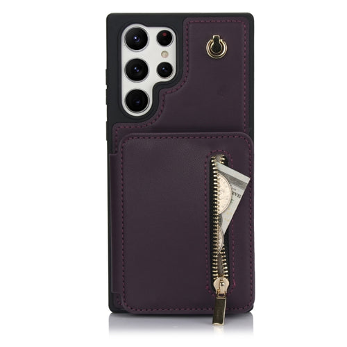 For Samsung Galaxy S24 Ultra 5G YM006 Skin Feel Zipper Card Bag Phone Case with Dual Lanyard(Dark Purple) - HoMEdemic™ 