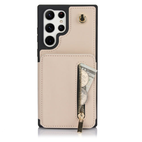 For Samsung Galaxy S24 Ultra 5G YM006 Skin Feel Zipper Card Bag Phone Case with Dual Lanyard(Apricot) - HoMEdemic™ 