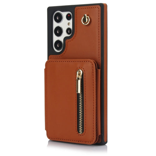 For Samsung Galaxy S24 Ultra 5G YM006 Skin Feel Zipper Card Bag Phone Case with Dual Lanyard(Brown) - HoMEdemic™ 