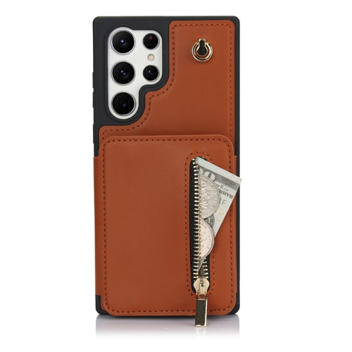 For Samsung Galaxy S24 Ultra 5G YM006 Skin Feel Zipper Card Bag Phone Case with Dual Lanyard(Brown) - HoMEdemic™ 