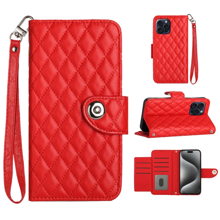 For iPhone 15 Pro Rhombic Texture Flip Leather Phone Case with Lanyard(Red) - HoMEdemic™ 
