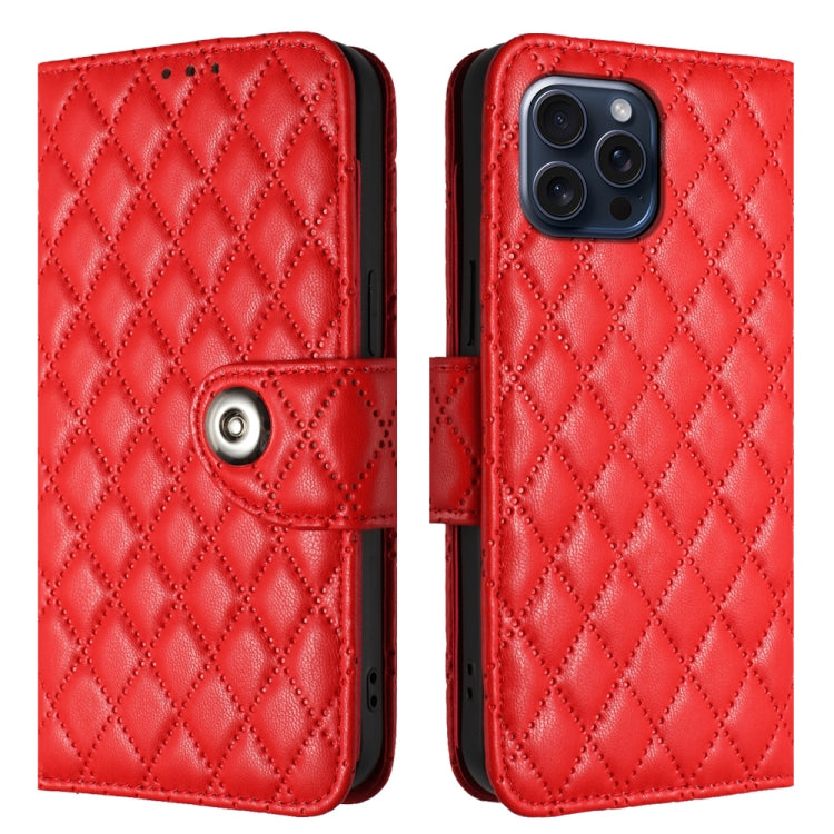 For iPhone 15 Pro Rhombic Texture Flip Leather Phone Case with Lanyard(Red) - HoMEdemic™ 