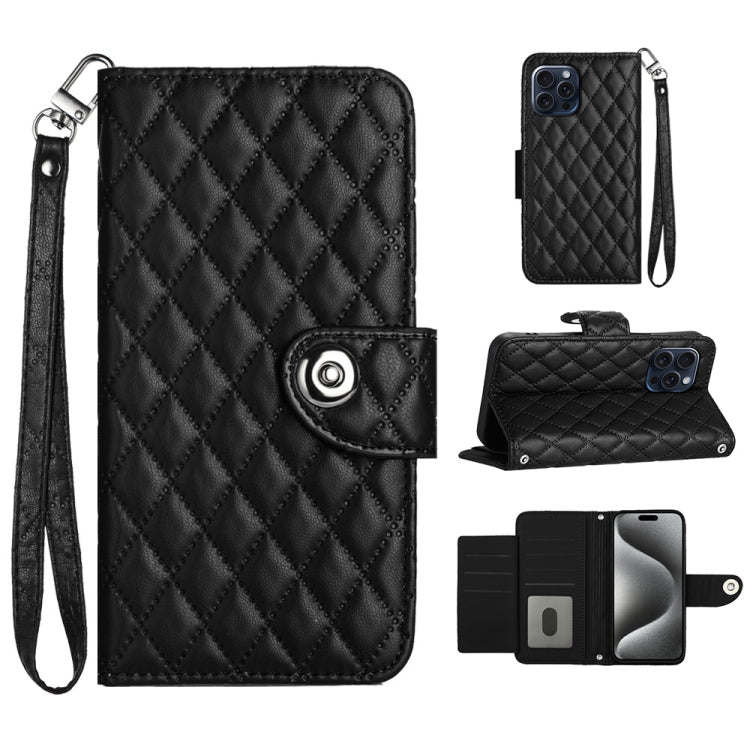 For iPhone 15 Pro Rhombic Texture Flip Leather Phone Case with Lanyard(Black) - HoMEdemic™ 