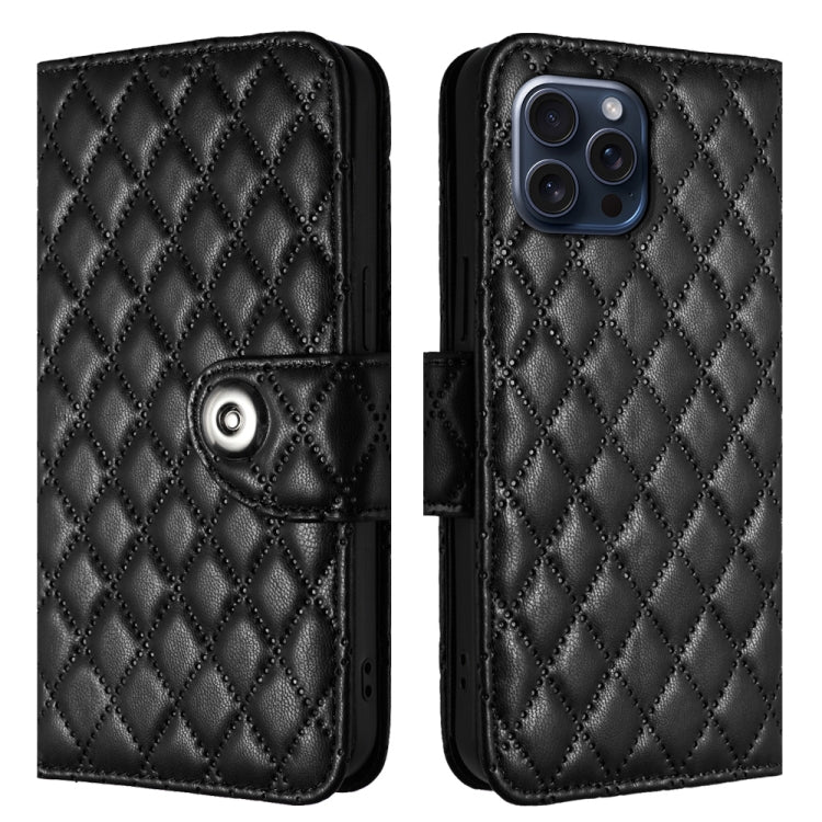 For iPhone 15 Pro Rhombic Texture Flip Leather Phone Case with Lanyard(Black) - HoMEdemic™ 