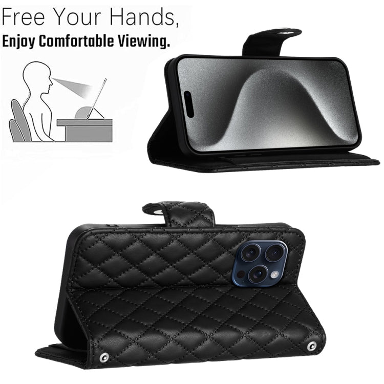 For iPhone 15 Pro Rhombic Texture Flip Leather Phone Case with Lanyard(Black) - HoMEdemic™ 