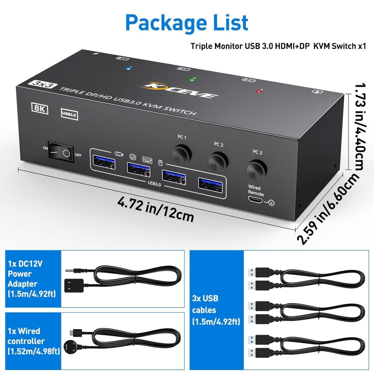 KC-KVM303DH 8K 60Hz USB3.0 DP+DP+HDMI Triple Monitors KVM Switch(US Plug) - HoMEdemic™ 