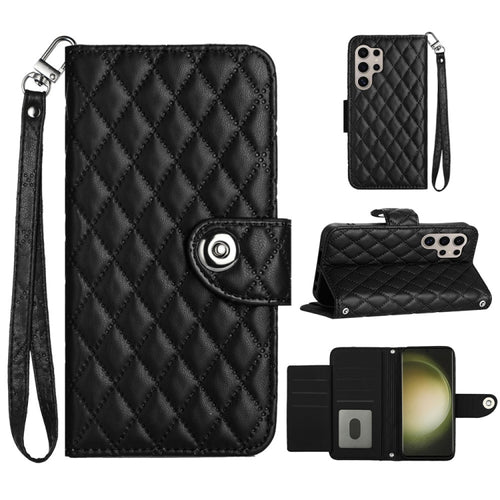 For Samsung Galaxy S24 Ultra 5G Rhombic Texture Flip Leather Phone Case with Lanyard(Black) - HoMEdemic™ 