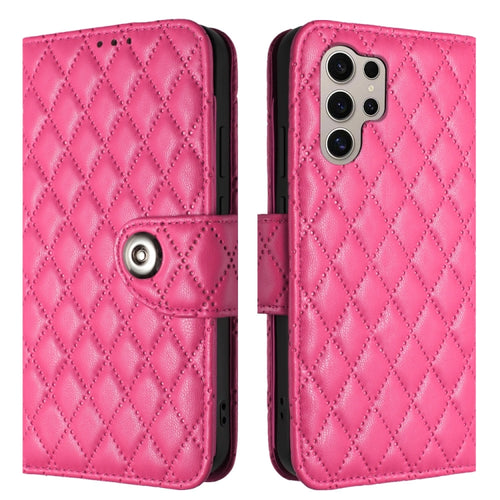 For Samsung Galaxy S24 Ultra 5G Rhombic Texture Flip Leather Phone Case with Lanyard(Rose Red) - HoMEdemic™ 