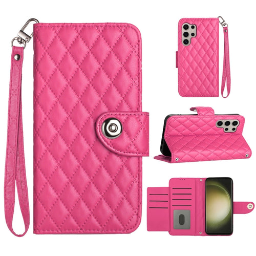 For Samsung Galaxy S24 Ultra 5G Rhombic Texture Flip Leather Phone Case with Lanyard(Rose Red) - HoMEdemic™ 