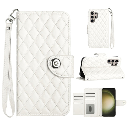 For Samsung Galaxy S24 Ultra 5G Rhombic Texture Flip Leather Phone Case with Lanyard(White) - HoMEdemic™ 