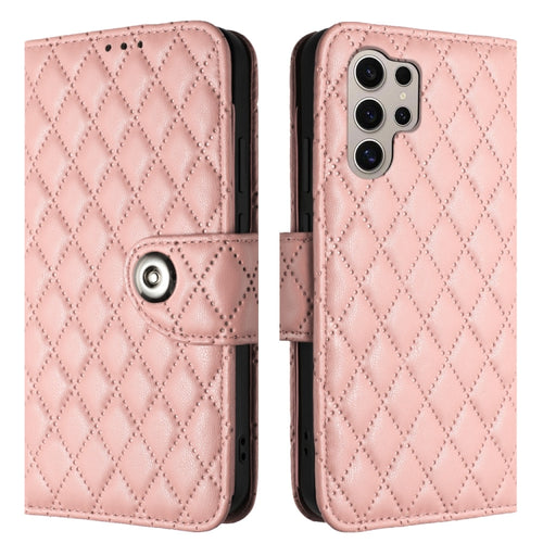 For Samsung Galaxy S24 Ultra 5G Rhombic Texture Flip Leather Phone Case with Lanyard(Coral Pink) - HoMEdemic™ 