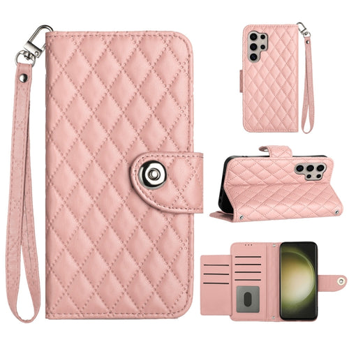 For Samsung Galaxy S24 Ultra 5G Rhombic Texture Flip Leather Phone Case with Lanyard(Coral Pink) - HoMEdemic™ 