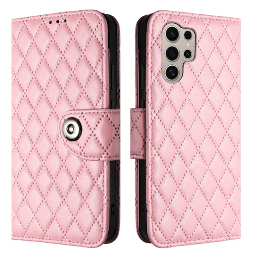 For Samsung Galaxy S24 Ultra 5G Rhombic Texture Flip Leather Phone Case with Lanyard(Pink) - HoMEdemic™ 