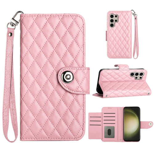 For Samsung Galaxy S24 Ultra 5G Rhombic Texture Flip Leather Phone Case with Lanyard(Pink) - HoMEdemic™ 