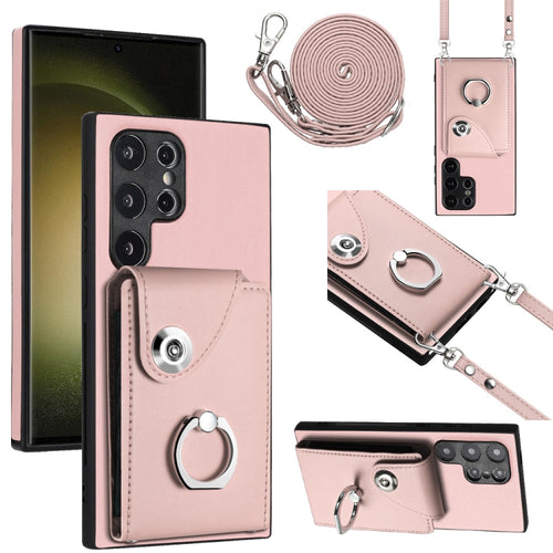 For Samsung Galaxy S24 Ultra 5G Organ Card Bag Ring Holder Phone Case with Long Lanyard(Pink) - HoMEdemic™ 