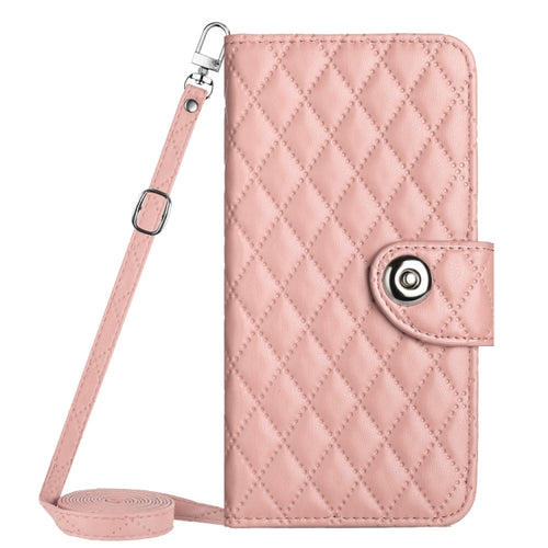 For Samsung Galaxy S24 Ultra 5G Rhombic Texture Flip Leather Phone Case with Long Lanyard(Coral Pink) - HoMEdemic™ 