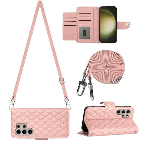 For Samsung Galaxy S24 Ultra 5G Rhombic Texture Flip Leather Phone Case with Long Lanyard(Coral Pink) - HoMEdemic™ 