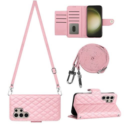 For Samsung Galaxy S24 Ultra 5G Rhombic Texture Flip Leather Phone Case with Long Lanyard(Pink) - HoMEdemic™ 