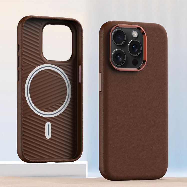For iPhone 15 Pro Metal Lens Frame Leather Magsafe Full Coverage Shockproof Phone Case(Brown) - HoMEdemic™ 