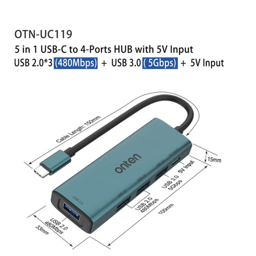 Onten UC119 5 in 1 USB-C / Type-C to USB 4-Ports USB HUB with 5V Input - HoMEdemic™ 