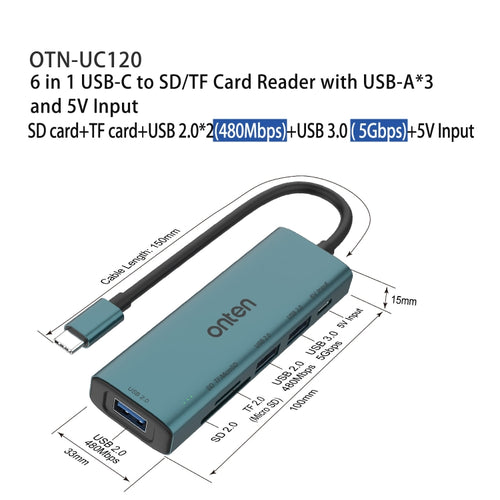 Onten UC120 6 in 1 USB-C to SD / TF Card Reader with 3-Ports USB HUB & 5V Input - HoMEdemic™ 