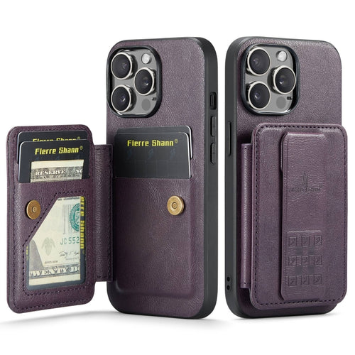 For iPhone 15 Pro Max Fierre Shann Oil Wax Cow Leather Card Holder Back Phone Case(Purple) - HoMEdemic™ 