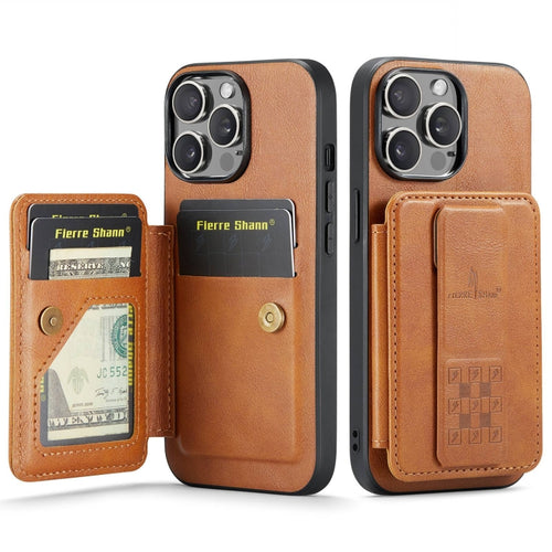 For iPhone 15 Pro Max Fierre Shann Oil Wax Cow Leather Card Holder Back Phone Case(Brown) - HoMEdemic™ 