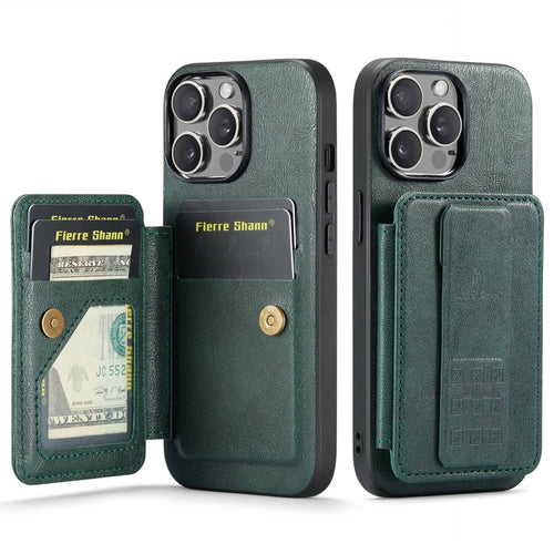 For iPhone 15 Pro Fierre Shann Oil Wax Cow Leather Card Holder Back Phone Case(Green) - HoMEdemic™ 