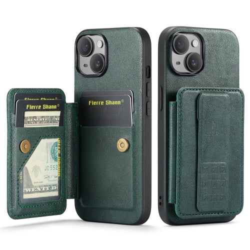 For iPhone 15 Plus Fierre Shann Oil Wax Cow Leather Card Holder Back Phone Case(Green) - HoMEdemic™ 