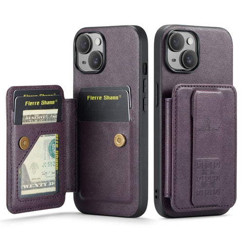 For iPhone 15 Plus Fierre Shann Oil Wax Cow Leather Card Holder Back Phone Case(Purple) - HoMEdemic™ 