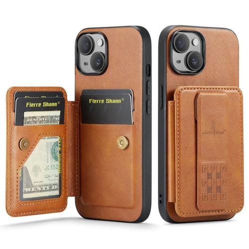 For iPhone 15 Fierre Shann Oil Wax Cow Leather Card Holder Back Phone Case(Brown) - HoMEdemic™ 