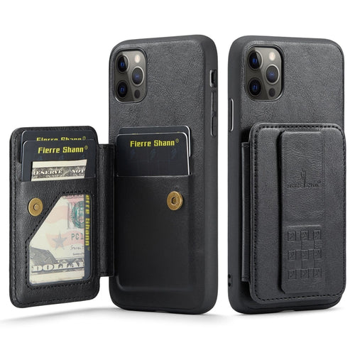 For iPhone 11 Pro Max Fierre Shann Oil Wax Cow Leather Card Holder Back Phone Case(Black) - HoMEdemic™ 