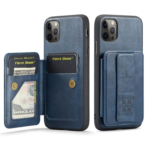 For iPhone 11 Pro Max Fierre Shann Oil Wax Cow Leather Card Holder Back Phone Case(Blue) - HoMEdemic™ 