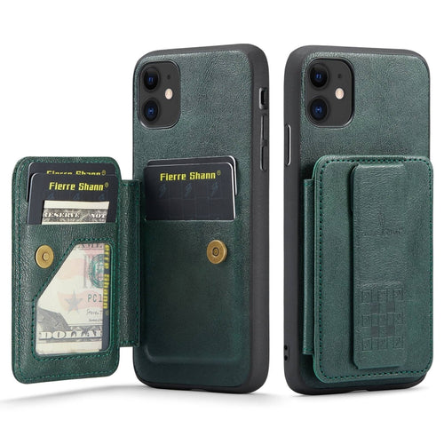 For iPhone 11 Fierre Shann Oil Wax Cow Leather Card Holder Back Phone Case(Green) - HoMEdemic™ 