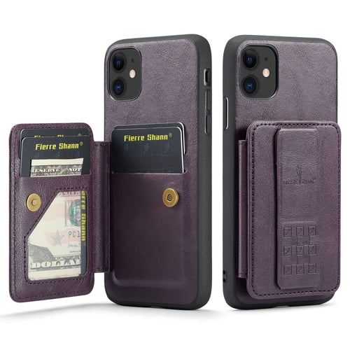 For iPhone 11 Fierre Shann Oil Wax Cow Leather Card Holder Back Phone Case(Purple) - HoMEdemic™ 