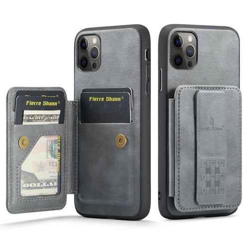 For iPhone 11 Pro Fierre Shann Oil Wax Cow Leather Card Holder Back Phone Case(Grey) - HoMEdemic™ 