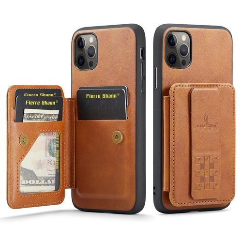 For iPhone 11 Pro Fierre Shann Oil Wax Cow Leather Card Holder Back Phone Case(Brown) - HoMEdemic™ 