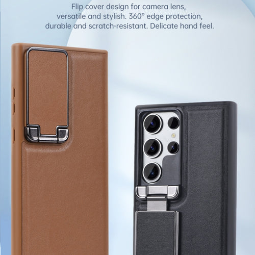 For Samsung Galaxy S24 Ultra 5G Lens Flip Cover All-inclusive Phone Case with Holder(Brown) - HoMEdemic™ 