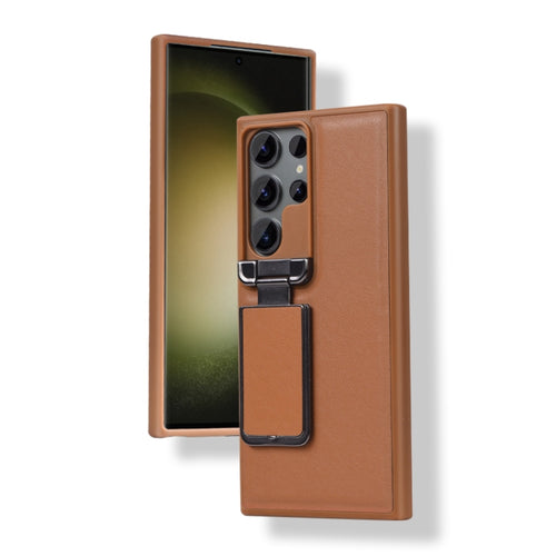 For Samsung Galaxy S24 Ultra 5G Lens Flip Cover All-inclusive Phone Case with Holder(Brown) - HoMEdemic™ 