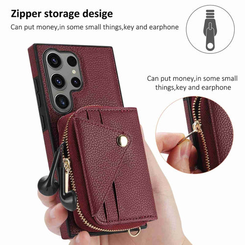 For Samsung Galaxy S24 Ultra 5G Crossbody Zipper Card Bag RFID Anti-theft Phone Case(Wine Red) - HoMEdemic™ 