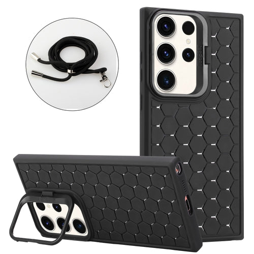 For Samsung Galaxy S24 Ultra 5G Honeycomb Radiating Lens Holder Magsafe Phone Case with Lanyard(Black) - HoMEdemic™ 