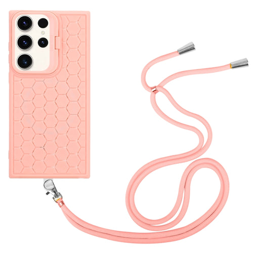 For Samsung Galaxy S24 Ultra 5G Honeycomb Radiating Lens Holder Magsafe Phone Case with Lanyard(Pink) - HoMEdemic™ 