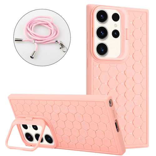 For Samsung Galaxy S24 Ultra 5G Honeycomb Radiating Lens Holder Magsafe Phone Case with Lanyard(Pink) - HoMEdemic™ 