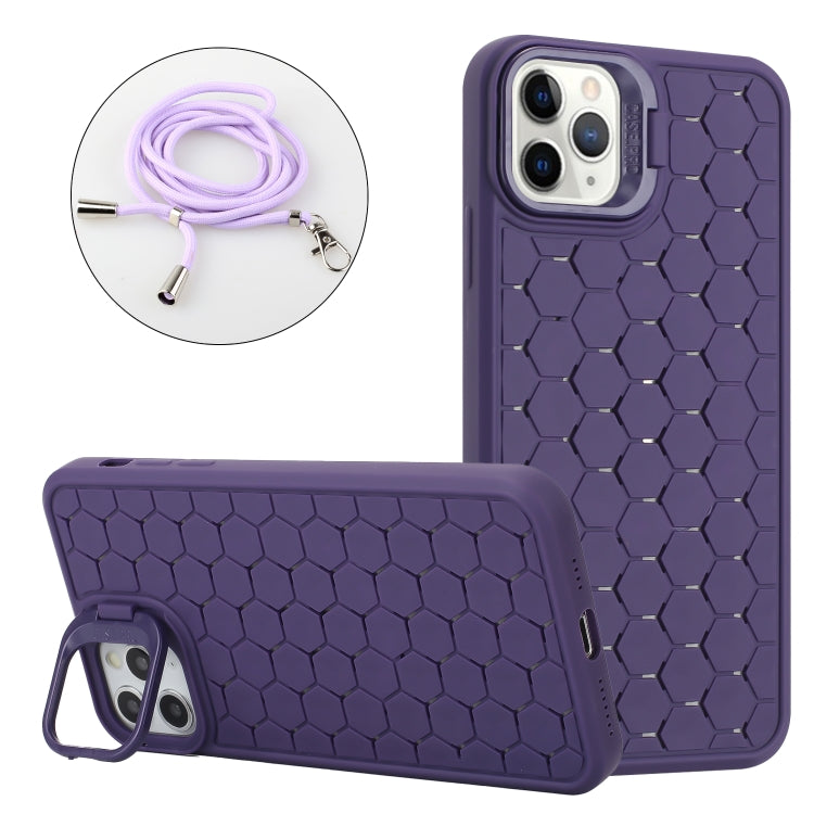 For iPhone 15 Pro Honeycomb Radiating Lens Holder Magsafe Phone Case with Lanyard(Purple) - HoMEdemic™ 