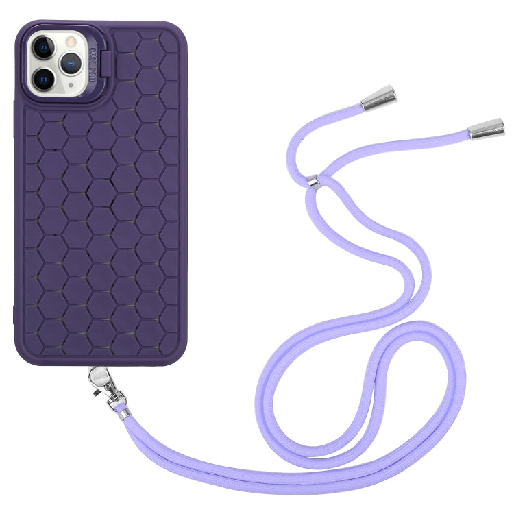 For iPhone 15 Pro Honeycomb Radiating Lens Holder Magsafe Phone Case with Lanyard(Purple) - HoMEdemic™ 