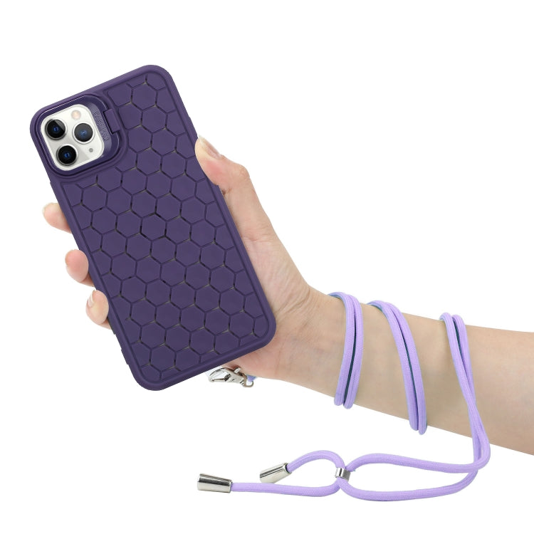 For iPhone 15 Pro Honeycomb Radiating Lens Holder Magsafe Phone Case with Lanyard(Purple) - HoMEdemic™ 